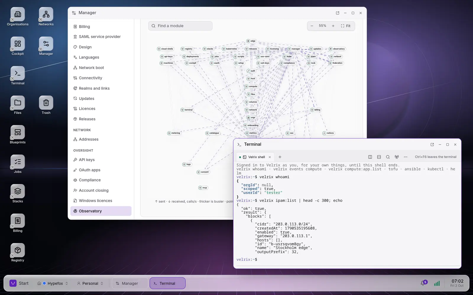 The Velrix desktop in a web browser, with app icons down the left and a taskbar along the bottom. The Manager window shows the Observatory: the modules of one instance, from edge, auth and compute to billing and logs, drawn as a graph with the sessions between them. In front of it, the Terminal app runs a Velrix cloud shell, signed in as the user, where velrix whoami and velrix ipam:list answer in JSON.